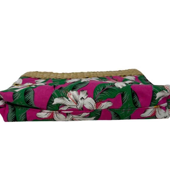 Tropical Floral Cosmetic Bag Pink & Woven Straw Trim Zip Pouch - Picture 3 of 5